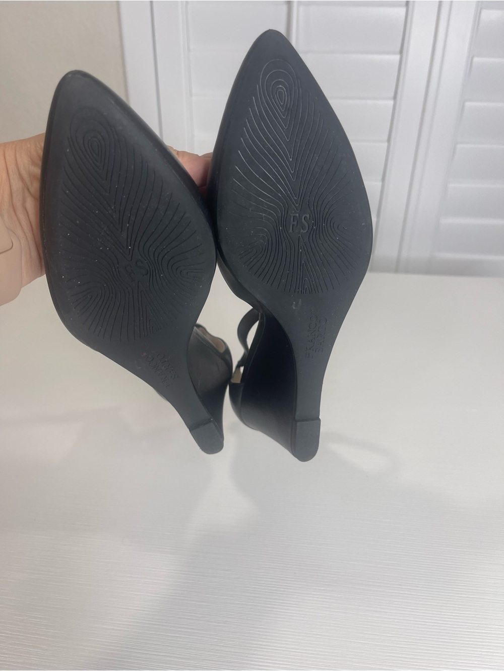 Frank Sarto Black Leather Pointed-Toe Wedge Pumps with Ankle Strap - Picture 5 of 6